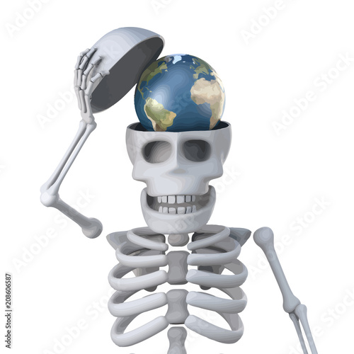 Vector 3d Skeleton has a globe of the Earth in his skull