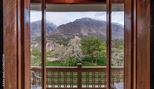 Door opened looking outside beautiful view in summer at Northern Pakistan