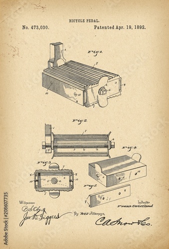 1892 Patent Velocipede pedal Bicycle history invention photo