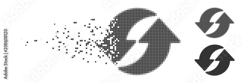 Gray vector refresh icon in dispersed, pixelated halftone and undamaged entire variants. Disappearing effect involves square particles. Cells are composed into dispersed refresh shape.