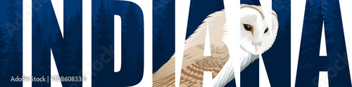 vector Indiana - American state word with barn owl (tyto alba)