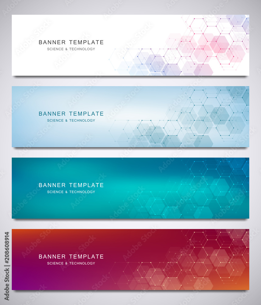 Science, medical and digital technology header or banners. Geometric abstract background with hexagons design. Molecular structure and communication vector illustration.