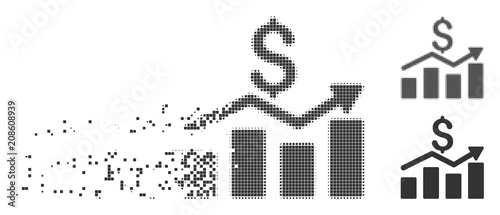 Grey vector sales chart icon in dissolved, pixelated halftone and undamaged solid versions. Disintegration effect involves rectangular dots. Cells are organized into dispersed sales chart icon.