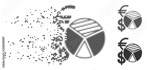 Grey vector sales pie chart icon in dispersed, dotted halftone and undamaged entire variants. Disappearing effect involves rectangle dots. Points are grouped into dissolving sales pie chart symbol.