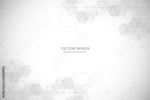 Vector hexagons design for medical, science and digital technology. Geometric abstract background with molecular structure and chemical compounds.