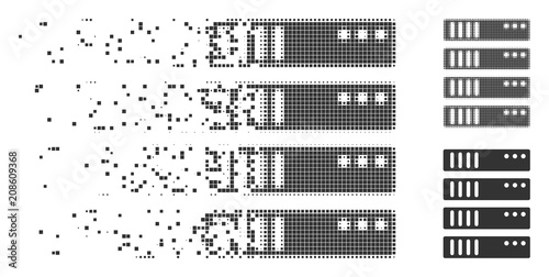 Grey vector server icon in dispersed, dotted halftone and undamaged whole variants. Disappearing effect uses rectangular particles. Elements are composed into dissipated server pictogram.