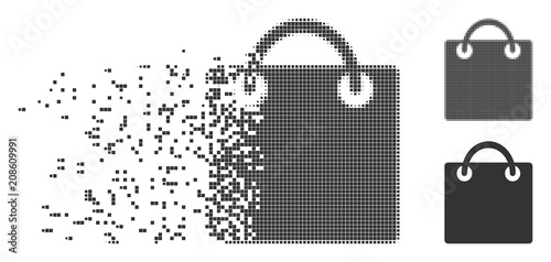 Grey vector shopping bag icon in dispersed, pixelated halftone and undamaged solid versions. Disintegration effect involves square dots. Points are composed into disappearing shopping bag icon.