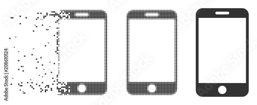 Gray vector smartphone icon in dissolved, pixelated halftone and undamaged solid versions. Disintegration effect uses square dots. Elements are combined into dissipated smartphone pictogram.
