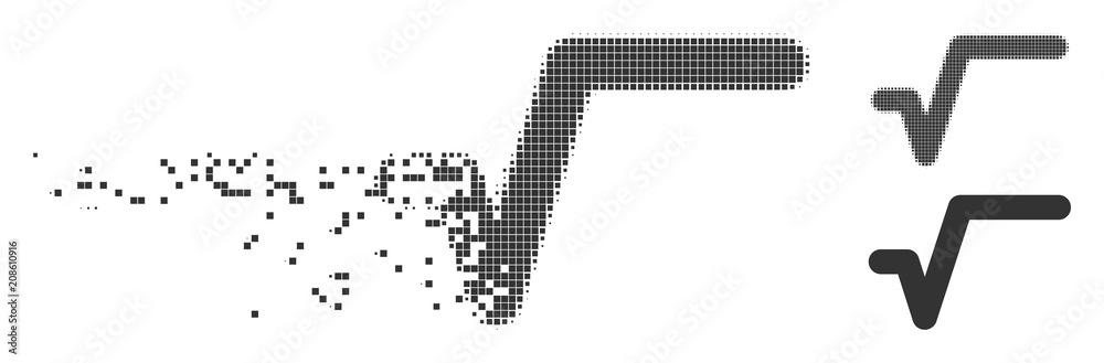 Grey vector sqrt icon in dissolved, dotted halftone and undamaged solid variants. Disappearing effect uses rectangular particles. Points are arranged into disappearing sqrt symbol.