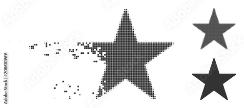 Gray vector star icon in dissolved, pixelated halftone and undamaged whole versions. Disappearing effect involves rectangle dots. Pixels are combined into disappearing star symbol.