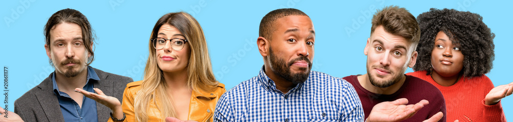 Group of mixed people, women and men doubt expression, confuse and wonder concept, uncertain future Group of mixed people, women and men doubt expression, confuse and wonder concept, uncertain future