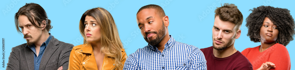 Fototapeta premium Group of mixed people, women and men irritated and angry expressing negative emotion, annoyed with someone