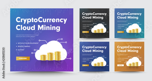 Design of vector social media banners with stacks of coins, for cloud mining of cryptocurrencies.