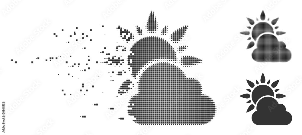 Gray vector sun and cloud weather icon in fractured, pixelated halftone and undamaged solid variants. Disappearing effect uses rectangle dots.