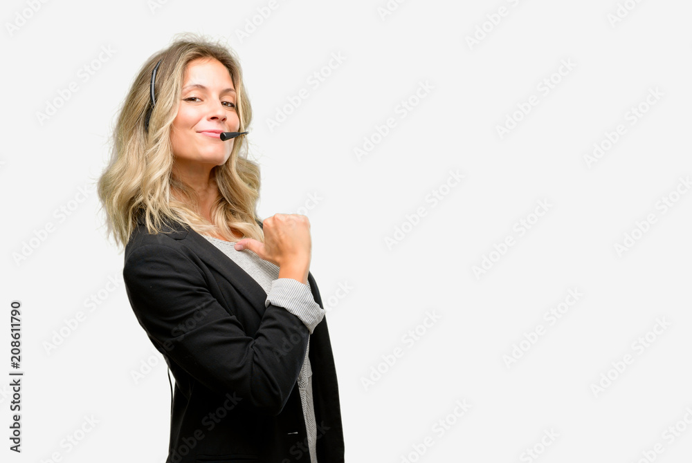 Young woman operator from call center proud, excited and arrogant, pointing with victory face Young woman operator from call center proud, excited and arrogant, pointing with victory face