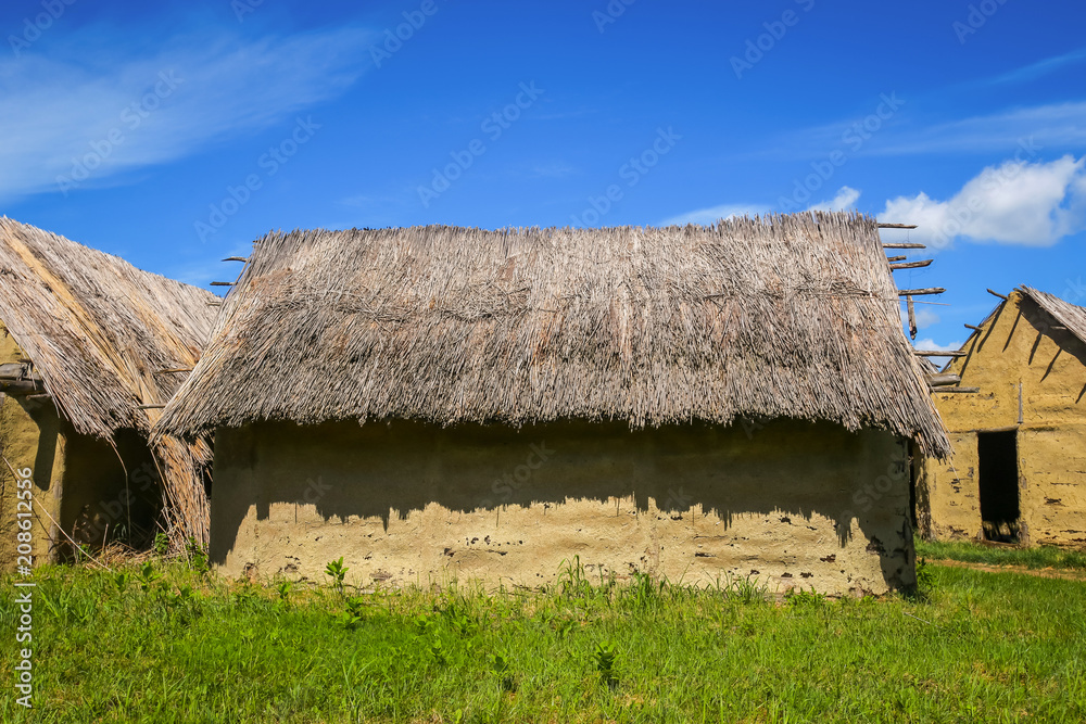 A view of the old houses in the archeological ethnological park Sopot in Vinkovci, Croatia.