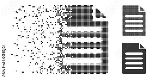 Grey vector text page icon in fractured, dotted halftone and undamaged solid versions. Disappearing effect uses rectangular particles. Cells are combined into dissolving text page form.