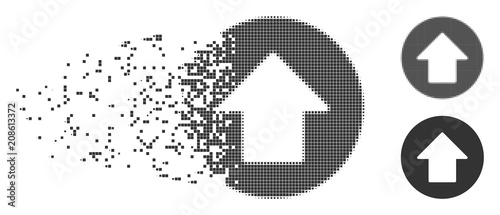 Grey vector up arrow icon in dissolved, pixelated halftone and undamaged whole variants. Disappearing effect uses square particles. Fragments are arranged into dissipated up arrow shape.