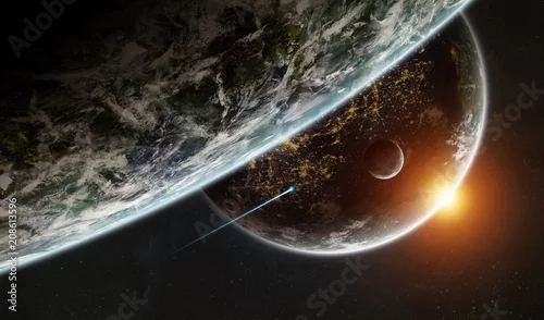 Obraz Odległy system planet w kosmosie z egzoplanetami renderującymi w 3D elementy tego obrazu dostarczone przez NASA