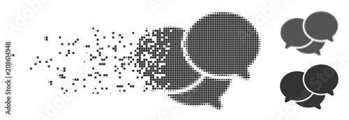 Grey vector webinar icon in fractured, dotted halftone and undamaged solid versions. Disintegration effect uses rectangle particles. Pixels are combined into disappearing webinar figure.