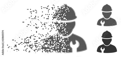 Grey vector worker icon in fractured, pixelated halftone and undamaged solid variants. Disappearing effect uses square dots. Cells are arranged into dissipated worker figure.