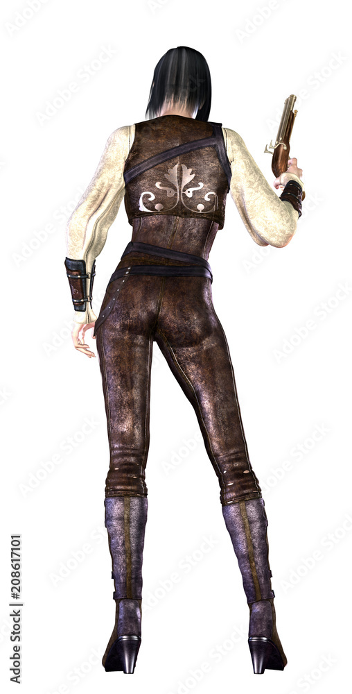 steampunk girl armed with old style gun, white background, 3d illustration steampunk girl armed with old style gun, white background, 3d illustration