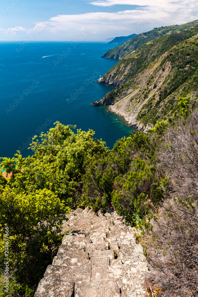 The coastline of Liguria, in the Cinque Terre area; in the foreground the staircase leading to the isolated village of Monesteroli