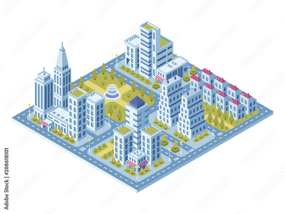 Modern city buildings, police station, road with cars and supermarket building. Town lofts apartments vector 3d isometric set