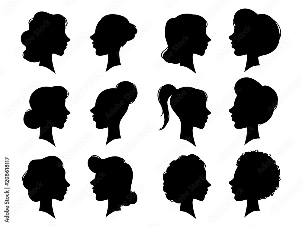 Vetor do Stock: Adult and young womans vintage side faces silhouette. Woman  face profile or female head silhouettes. Women heads profiles vector set |  Adobe Stock