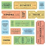 Vintage admitted cinema, music festival pass, train ticket. Isolated amusement admission tickets vector set
