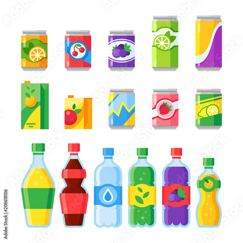 Drink beverages. Cold energy or fizzy soda beverage, sparkling water and fruit juice in glass bottles. Drinks vector icons