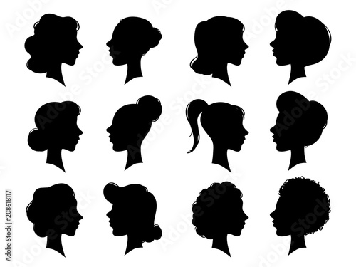 Adult and young womans vintage side faces silhouette. Woman face profile or female head silhouettes. Women heads profiles vector set
