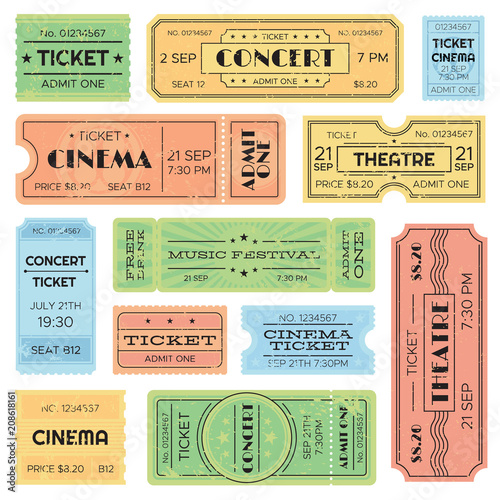 Vintage admitted cinema, music festival pass, train ticket. Isolated amusement admission tickets vector set
