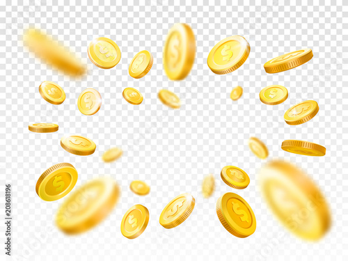 Shiny realistic gold coins explosion. Casino golden coin, falling money vector illustration concept photo