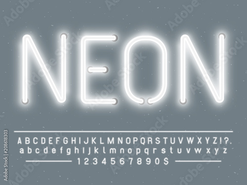 Bright glowing white neon sign characters. Vector font with glow light letters and numbers lamps