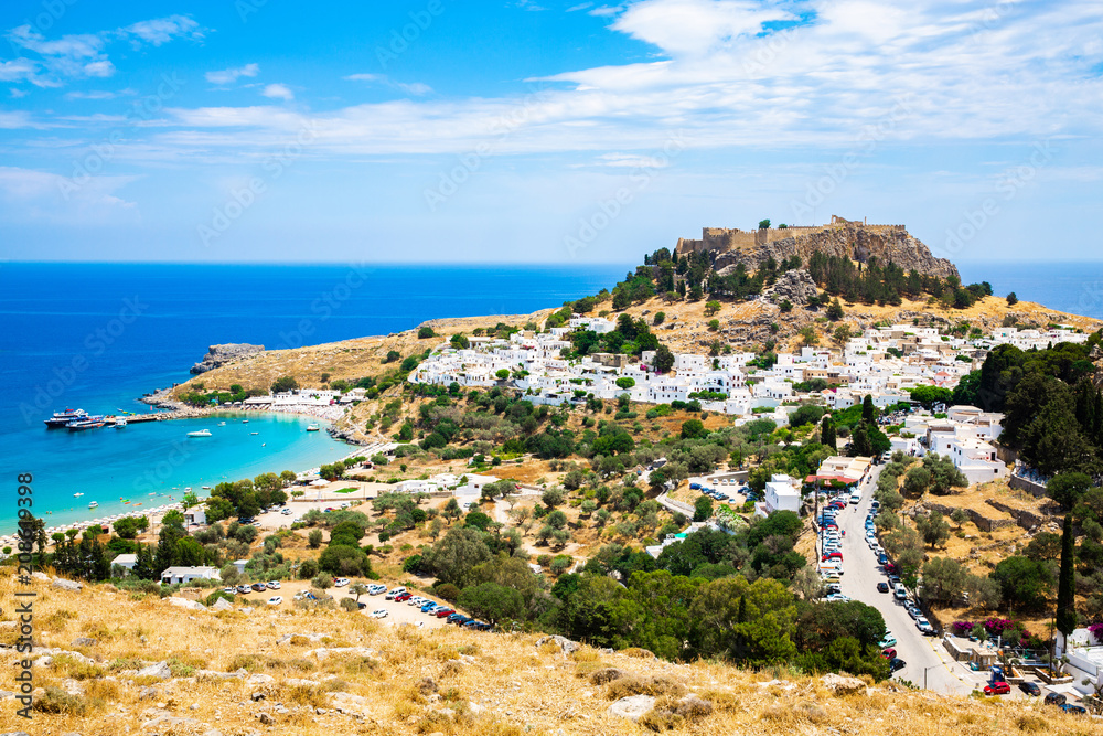 Lindos Castle and town on Rhodes Island, Mediterranean Sea, Dodecanese, Greece