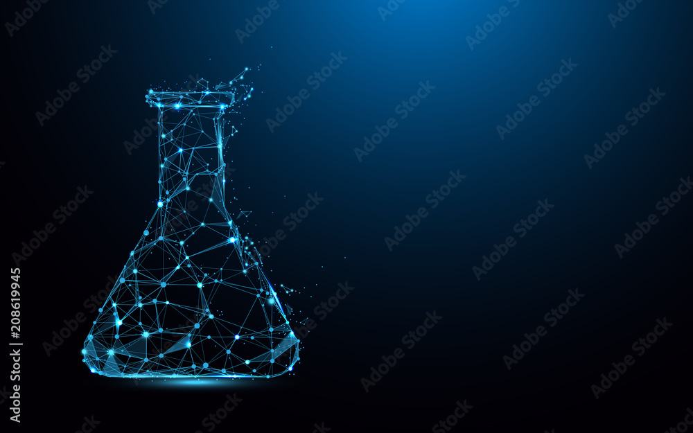 Laboratory flask form lines, triangles and particle style design. Illustration vector - obrazy, fototapety, plakaty 