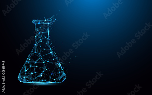 Laboratory flask form lines, triangles and particle style design. Illustration vector