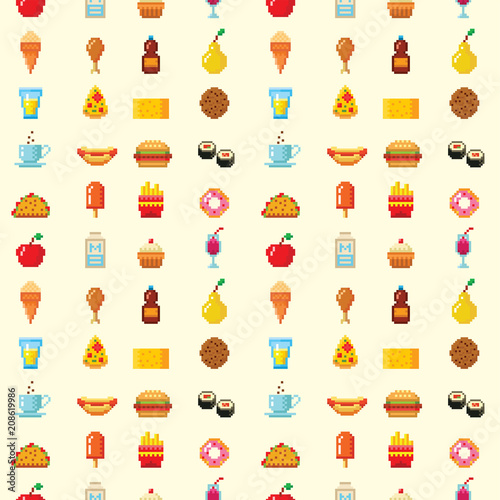 Fototapeta Piksel sztuki projekta karmowego komputerowego bezszwowego deseniowego tła wektorowa ilustracyjna restauracja pixelated elementu fasta food sieci retro gemowa grafika.
