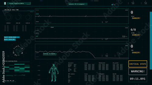 ICU monitor with warning message, patient dying, vital signs dropping on screen. 3D illustration