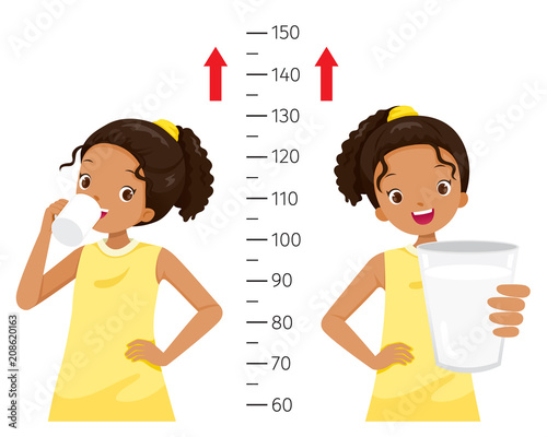 Dark Girl Drinking Milk For Health And Taller. Girl Measuring Her Height, Tall, Healthy, Care, People, Lifestyle