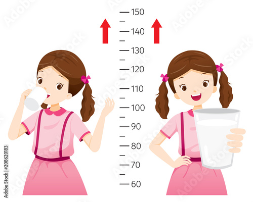 Girl Drinking Milk For Health And Taller. Girl Measuring Her Height, Tall, Healthy, Care, People, Lifestyle