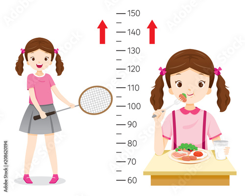Girl Eating Food And Playing Sport For Health And Taller. Girl Measuring Her Height, Tall, Healthy, Care, People, Lifestyle