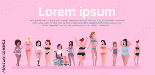 Plus Size Female Different Body Shape Figures Cartoon Character Big Weight People Group Set Overweight Woman Mix Race Girl Obese Person Flat Banner Vector illustration