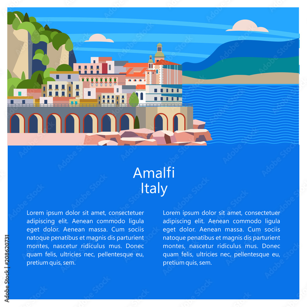 Amalfi. Seaside town in Italy. Vector illustration.