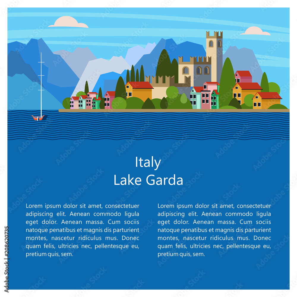Italy. Lake Garda. City Salo. Vector illustration. Postcard with sights.