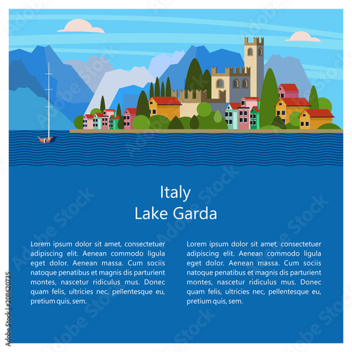 Italy. Lake Garda. City Salo. Vector illustration. Postcard with sights.