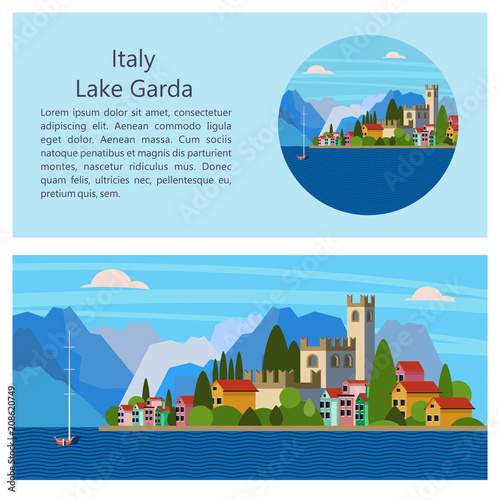 Italy. Lake Garda. City Salo. Vector illustration. Postcard with sights.