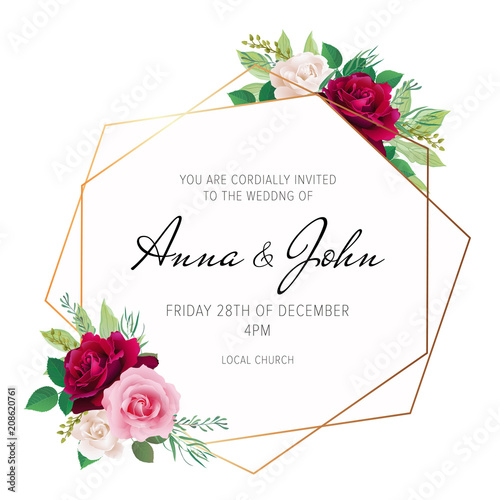 Wedding floral invite, invitation card design with red burgundy, pink and white rose flowers and elegant geometrical golden frame. Trendy wedding card. Vector, modern template