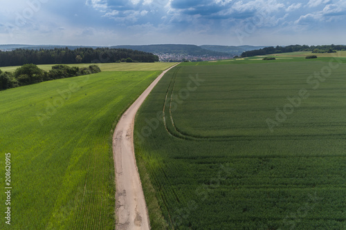 Luftbild Wiesen und Felder im Fr  hling